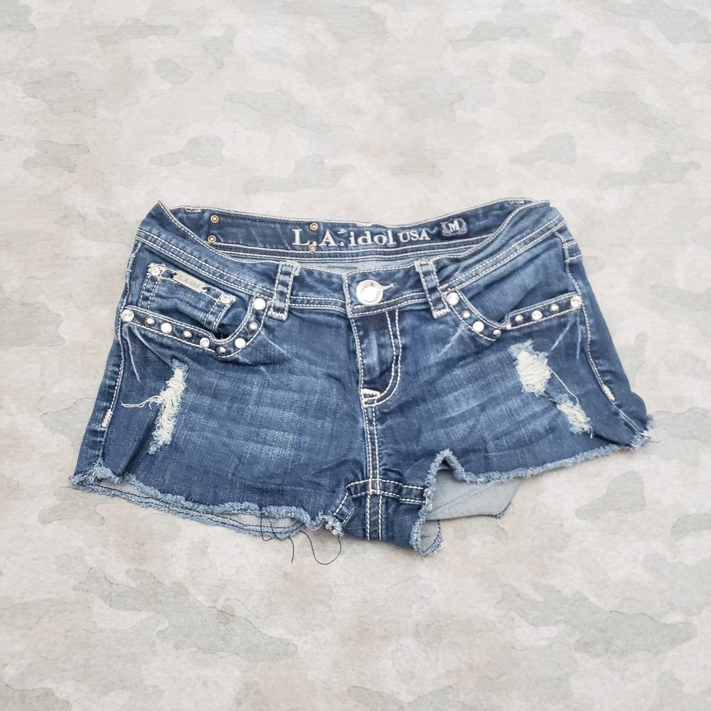 L.A. Idol Shorts Women Medium Blue Distressed Bling Embroidered Denim